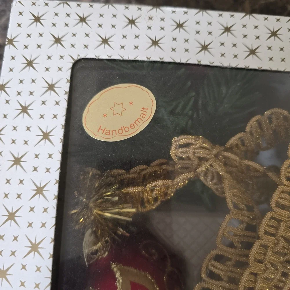 Vintage Hand Painted German Glass Christmas‎ Ornaments Set 5 Red Gold Boxed